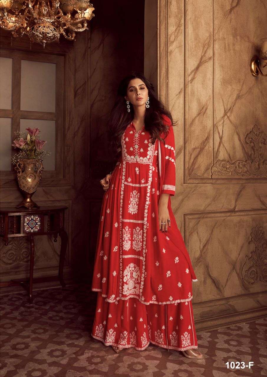 LAKHNAWI VOL 4 DARK COLOR HEAVY REYON WHITE THREAD EMBROIDERY WORK NAYRA CUT KURTI WITH PLAZZO AND NAZMIN DUPATTA BY VAMIKA BRAND 1023 F